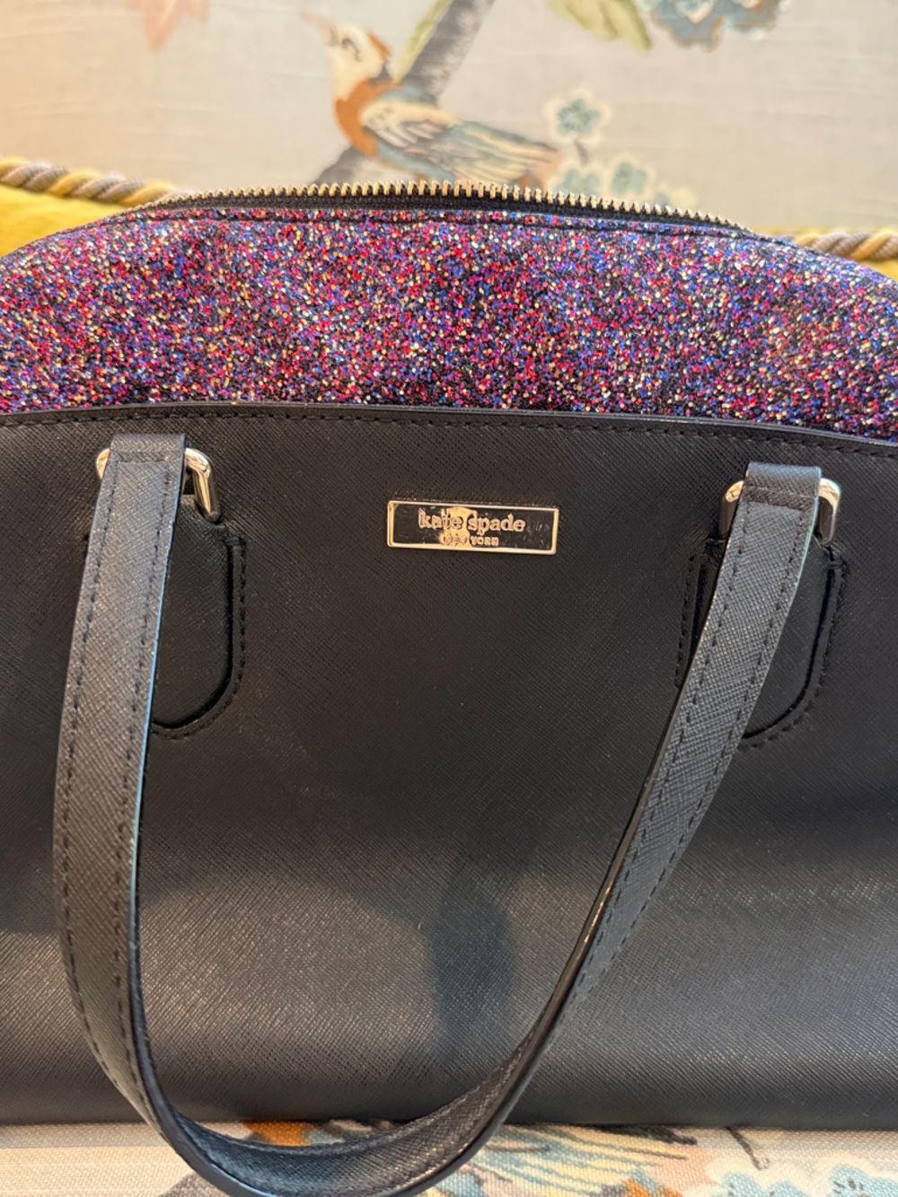 kate spade Black and Purple Glitter Dome Satchel with Multicolor Sparkle